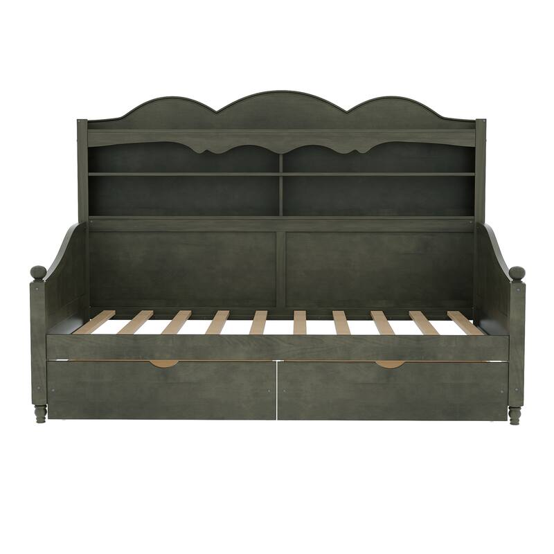 Twin Daybed with Storage Drawers and Headboard Shelving Wooden Frame