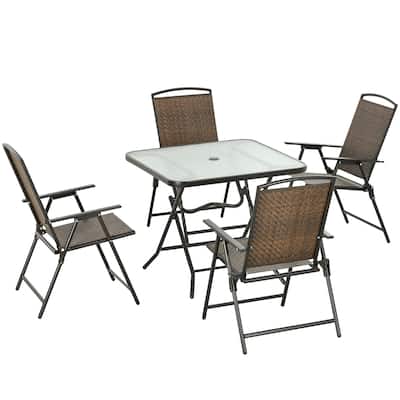 5 Pieces Wicker Patio Dining Set, Foldable Outdoor Table and Chairs, Wicker Furniture Dining Set with Umbrella Hole, Tem
