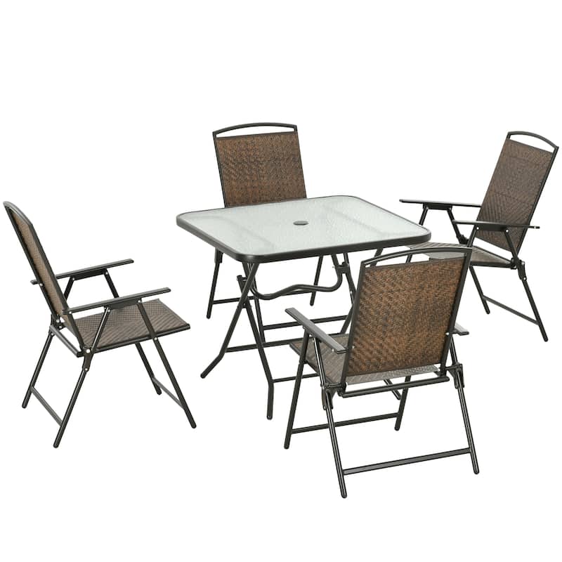 5 Pieces Wicker Patio Dining Set,Foldable Outdoor Table and Chairs,Wicker Furniture Dining Set with Umbrella Hole - Brown