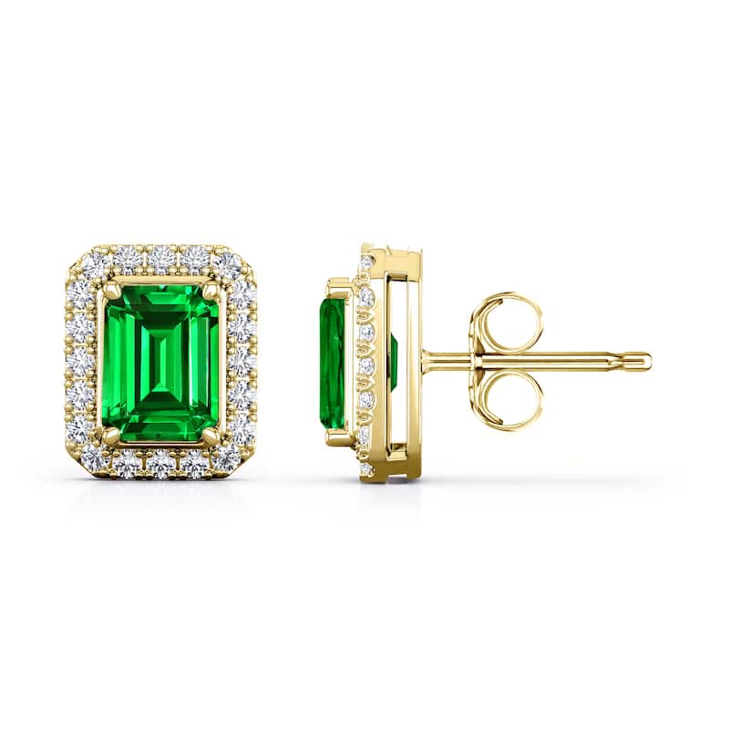 Auriya 14k Gold Lab Grown Gemstone Green Emerald Stud Earrings Emerald 0.25 to 5.00 ct. tw. Halo Push-Back - 1.75ct tgw. - Yellow