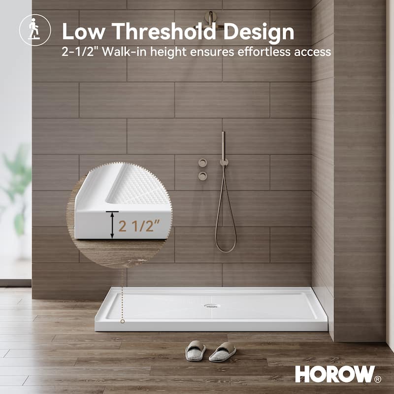 HOROW 60 x 36 Inch Alcove Shower Pan Base in White with Center Drain