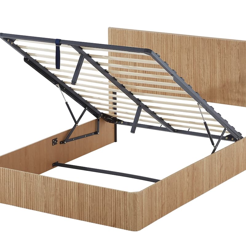Queen Size Lift Up Storage Bed Frame with Wooden Corrugated Curved Lines and Hydraulic Storage