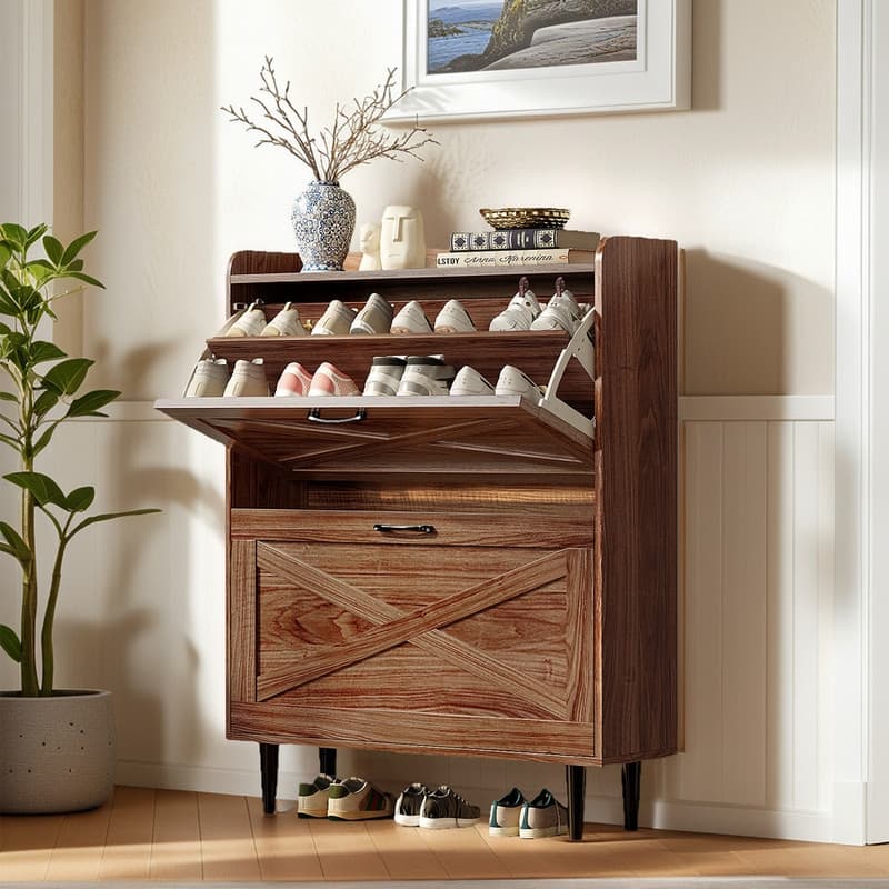 2 Flip 1 Barrier Barn Door Shoe Cabinet Melamine Embossed 31.6in