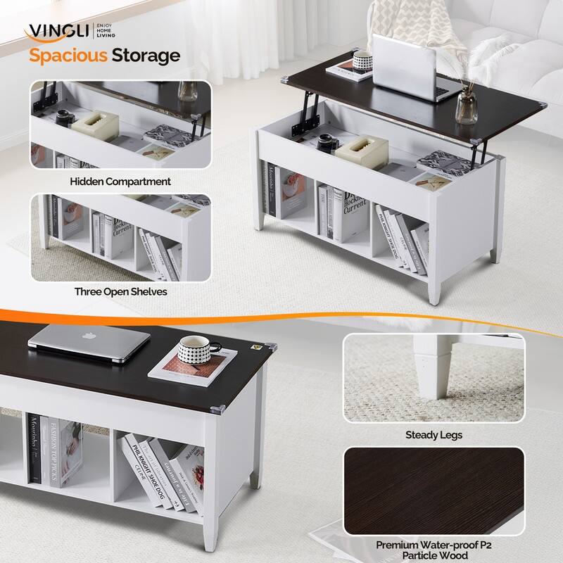 VINGLI Adjustable Solid Wood Leg Double-Layer White Frame Rectangular P2 Board Coffee Table