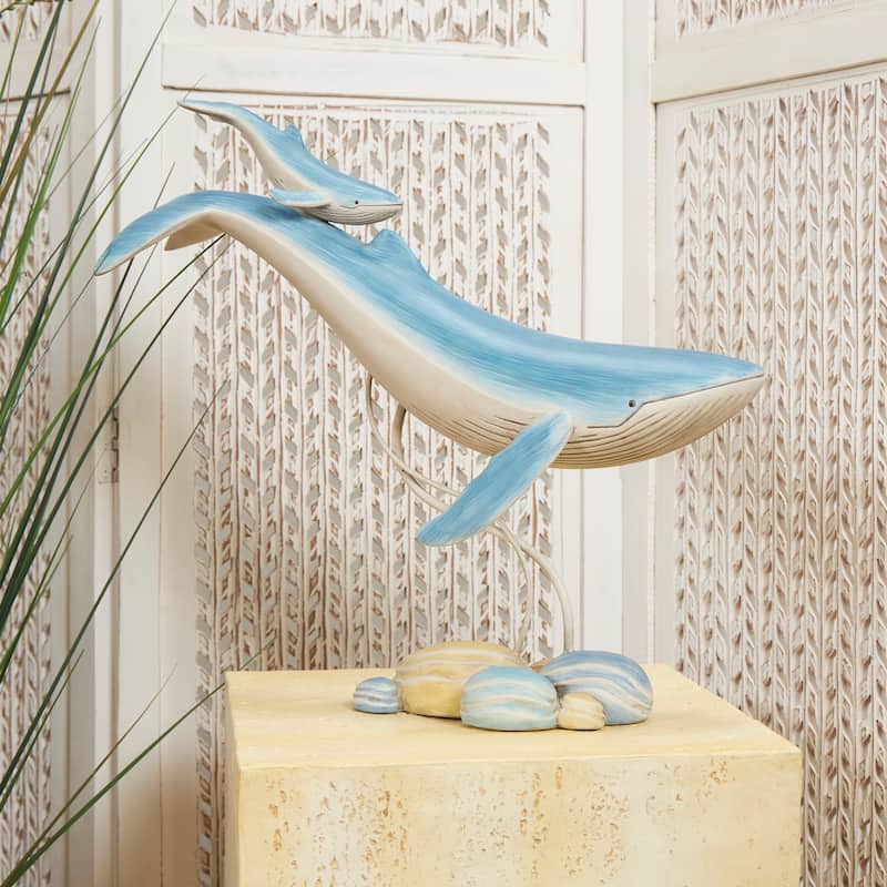 Polystone Whale Swimming Mother and Baby Sculpture with Yellow Accents - Blue - Roche River Decor - 6"W x 18"L x 17"H
