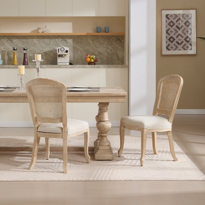 Dining Chairs Set of 2,Upholstered Chairs with Nature Rattan Fan-shaped Back,Wire Drawing And Carving Techniques,Disassemblable - Beige