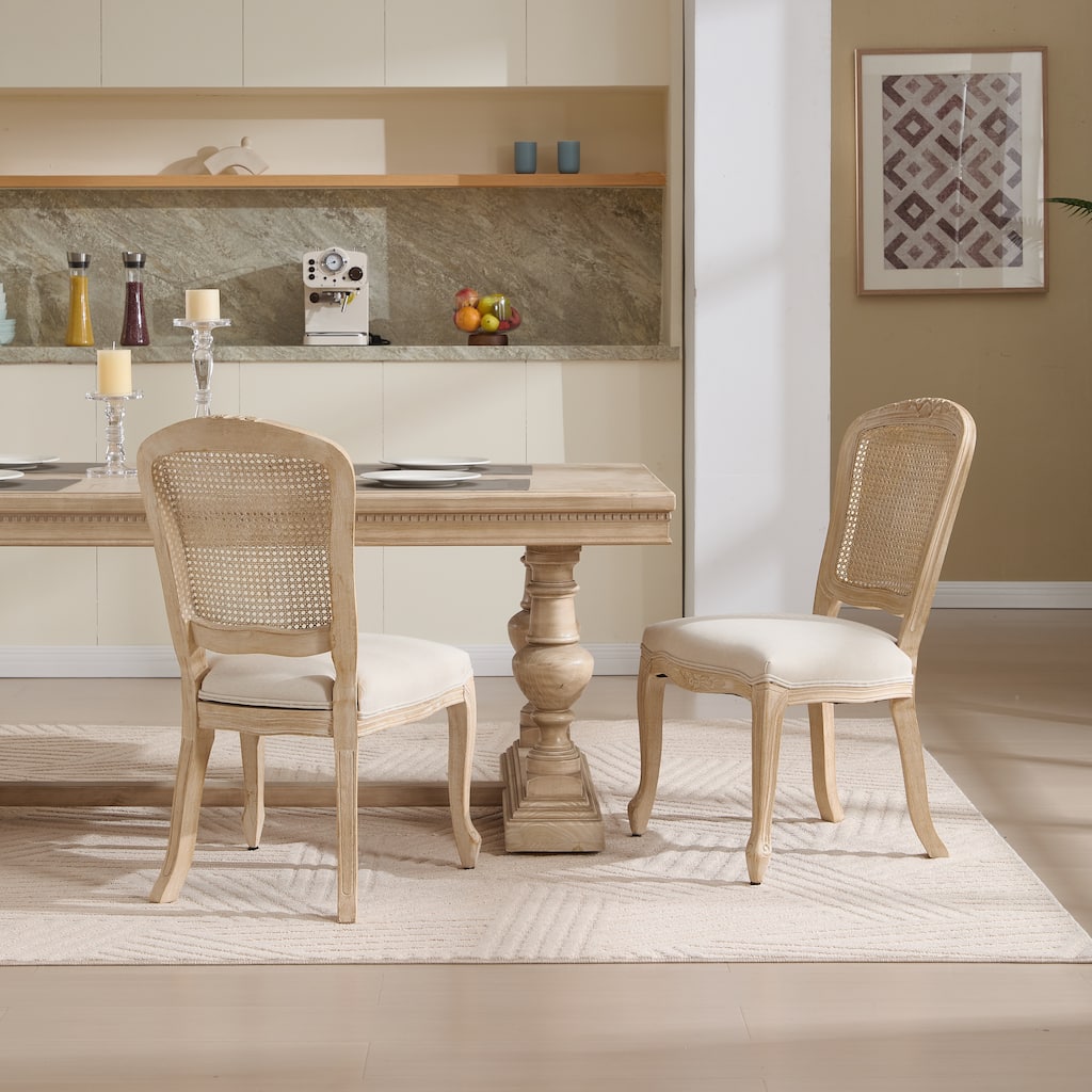 Dining Chairs Set of 2,Upholstered Chairs with Nature Rattan Fan-shaped Back,Wire Drawing And Carving Techniques,Disassemblable