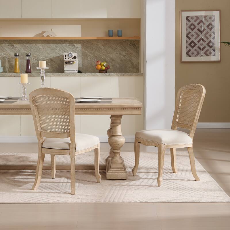 French Country Wire Drawing & Carving Techniques Dining Chairs with Backrest (Set of 2) - Beige-Rattan Fan-shaped Back