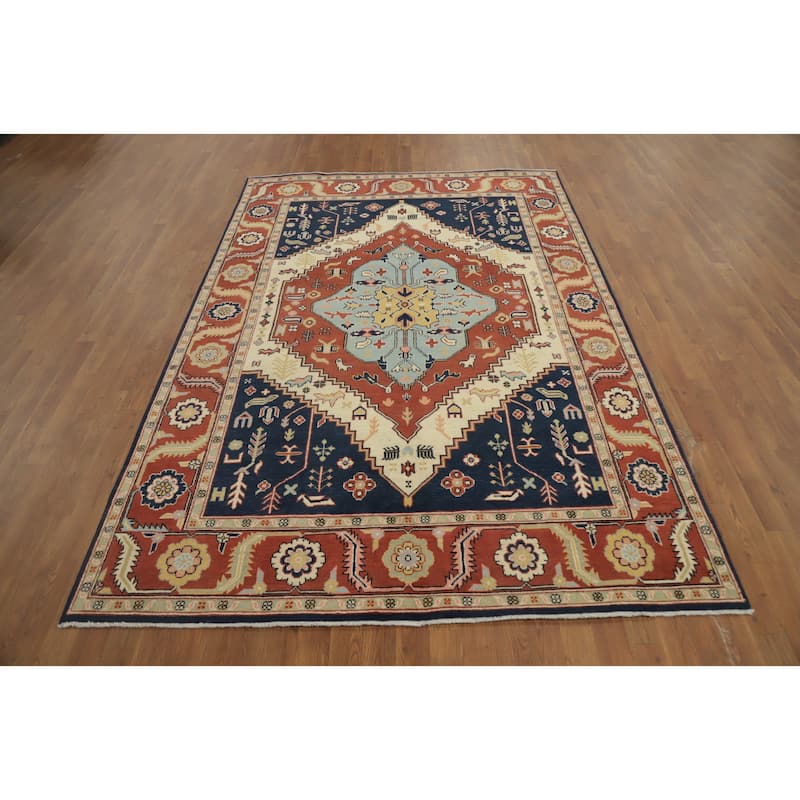 Hand Knotted Oriental 100% Wool Carpet Traditional Medallion Oranges & Rust Heriz (serapi) Area Rug - 8' 11'' X 6' 1''