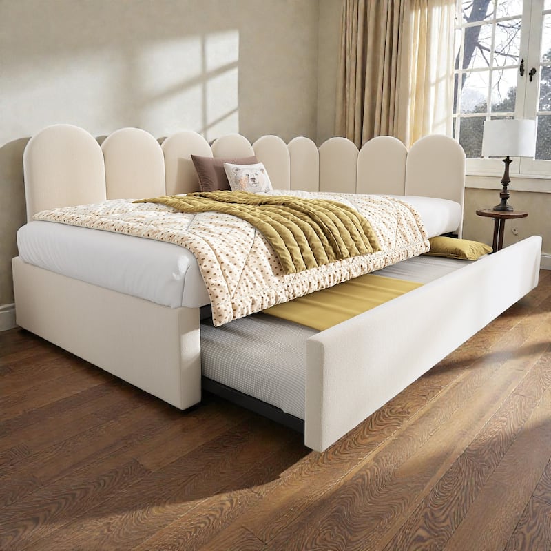Twin Upholstered Daybed with Pull-Out Trundle, Velvet Sofa Bed for Small Spaces, Guest Bed with Metal Slatted Frame