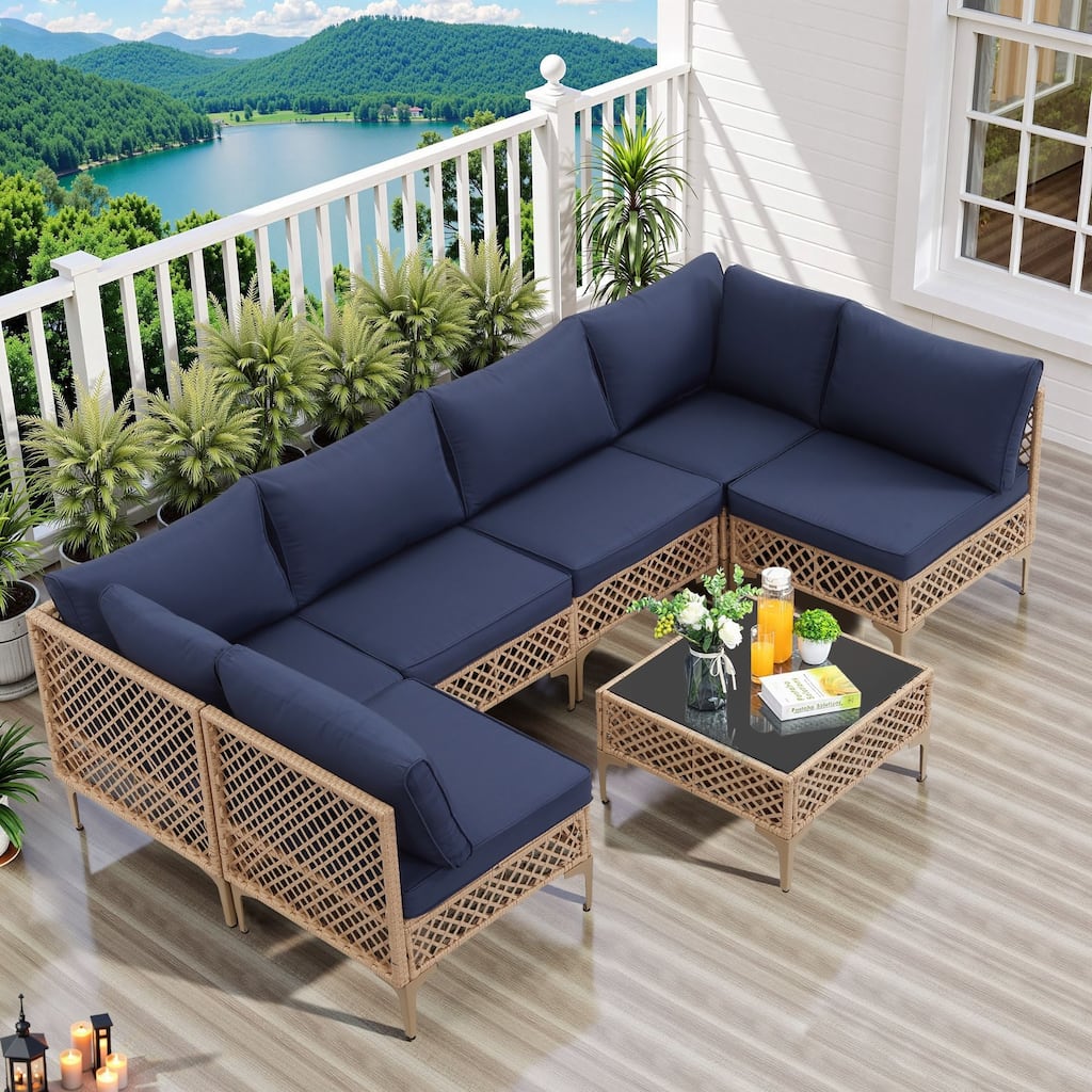 7-Piece Wicker Patio Conversation Set with Cushions,6 Sofas, 1 Table