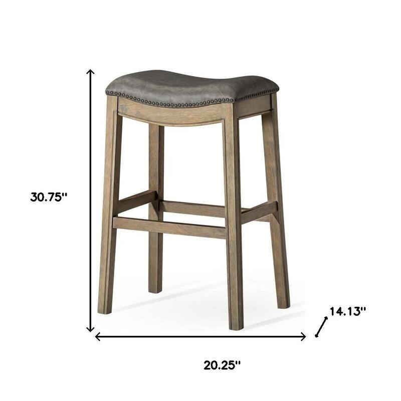 HomeRoots 31" Stone and Oak Faux Leather and Solid Wood Backless Bar Height Bar Chair