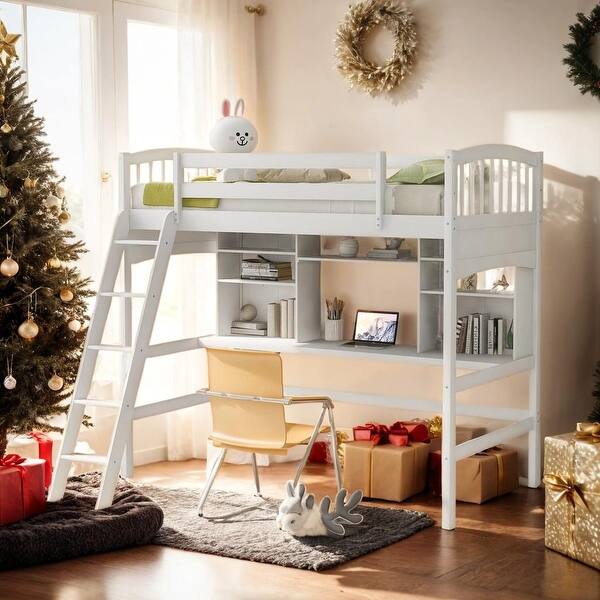 slide 2 of 27, Elegant Twin size Loft Bed with Storage Shelves, Desk and Ladder, Maximized Space, Solid Construction & Versatility Galore White