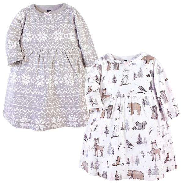 slide 1 of 1, Hudson Baby Toddler Girl Cotton Long-Sleeve Dresses 2pk, Gray Winter Forest 2T - Gray Winter Forest