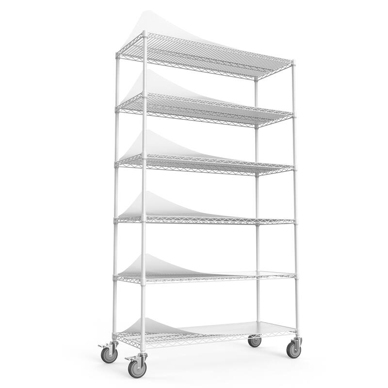 6 Tier Metal shelves, NSF Height Adjustable Garage Storage Shelves with Wheels - White - 6 Tier