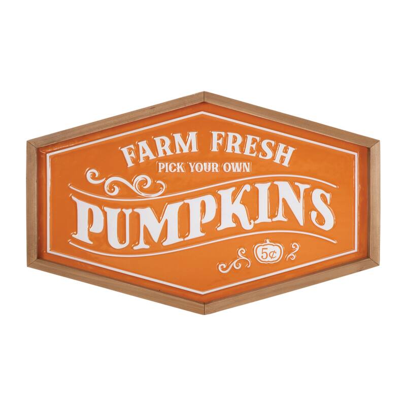 HomeRoots 13" X 20" Orange And White Metal Farm Fresh Pumpkins Wall Decor
