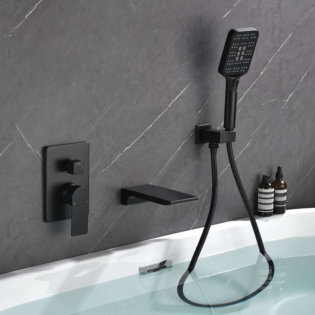 3 Hole Wall Mounted Tub Faucet with Hand Shower Single Handle Waterfall Bathtub Faucet with Valve