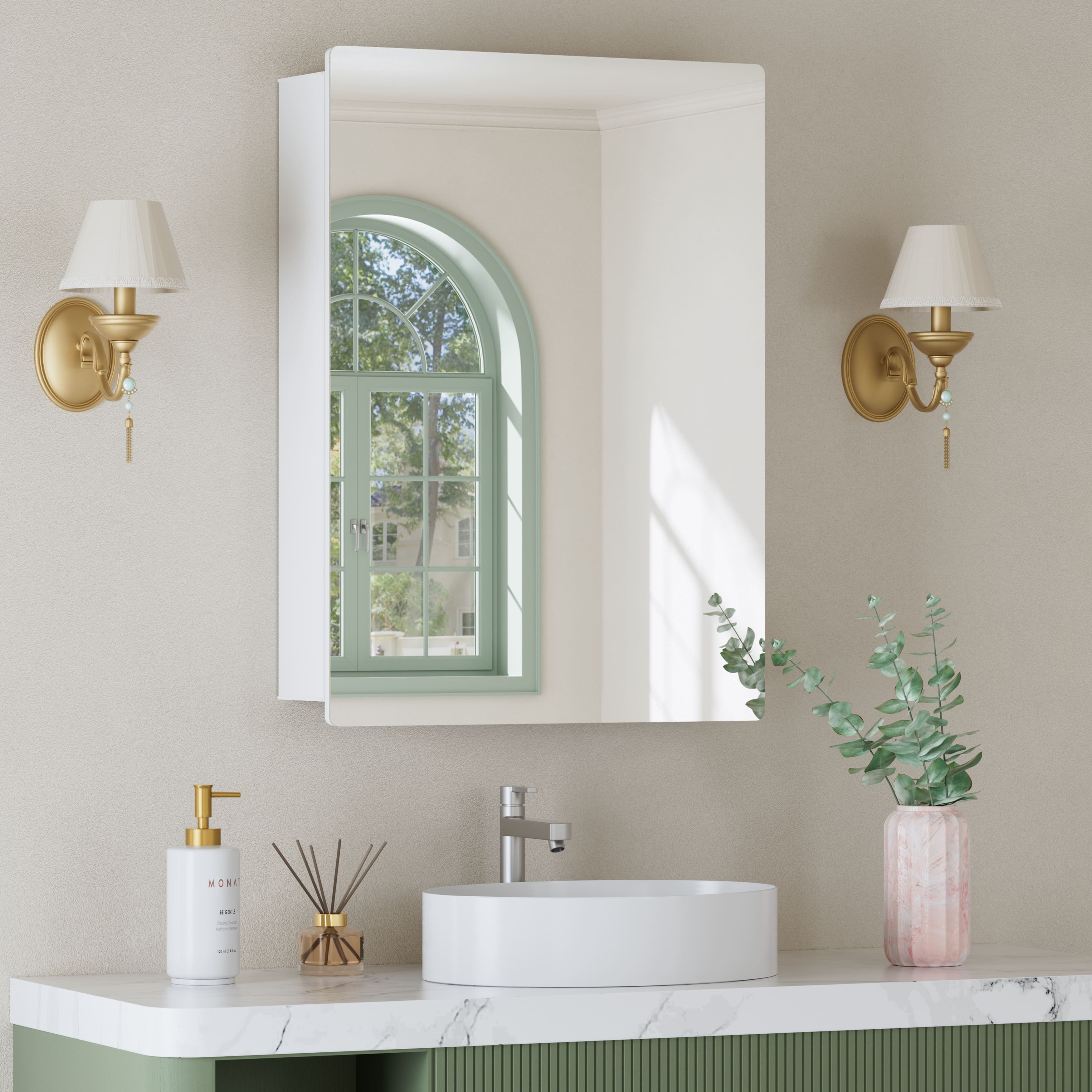 Mira Rectangular Frameless Medicine Cabinet with Mirror, Sliding Adjustable Glass Shelves, Reversible Door