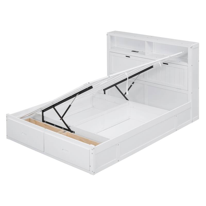 Queen Size Wooden Bed with LED Storage Headboard, Charging Station, and 2 Drawers