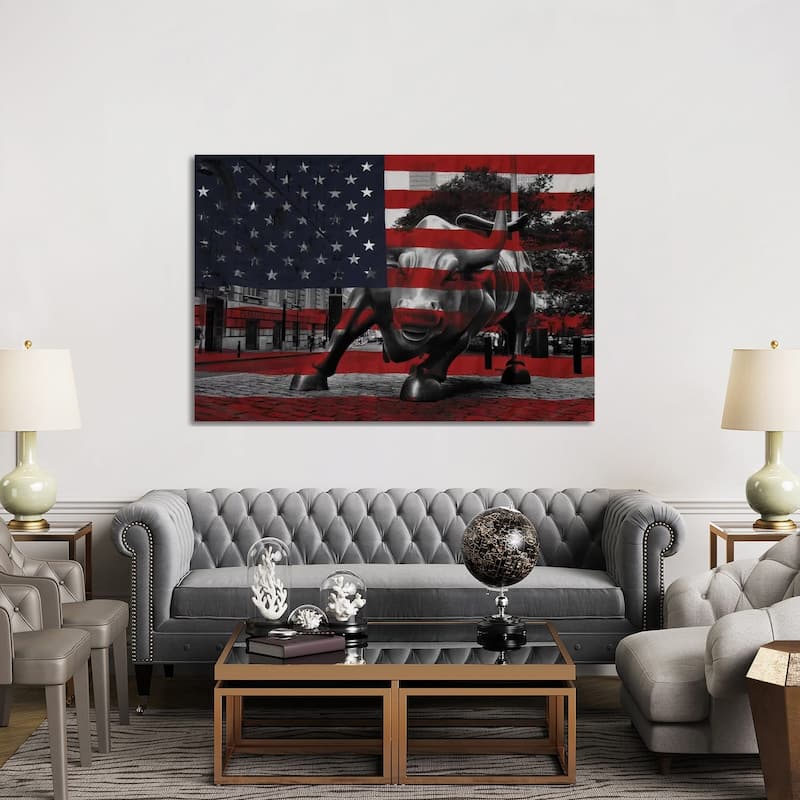 iCanvas "New York - Wall Street Charging Bull, US Flag" by iCanvas Canvas Print
