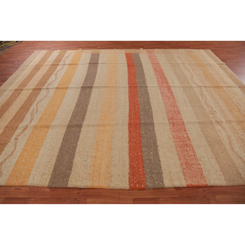 Hand Woven Oriental 100% Jute Carpet Modern Stripe Multi-Colored Kilim Area Rug - 12' 0'' X 9' 7''