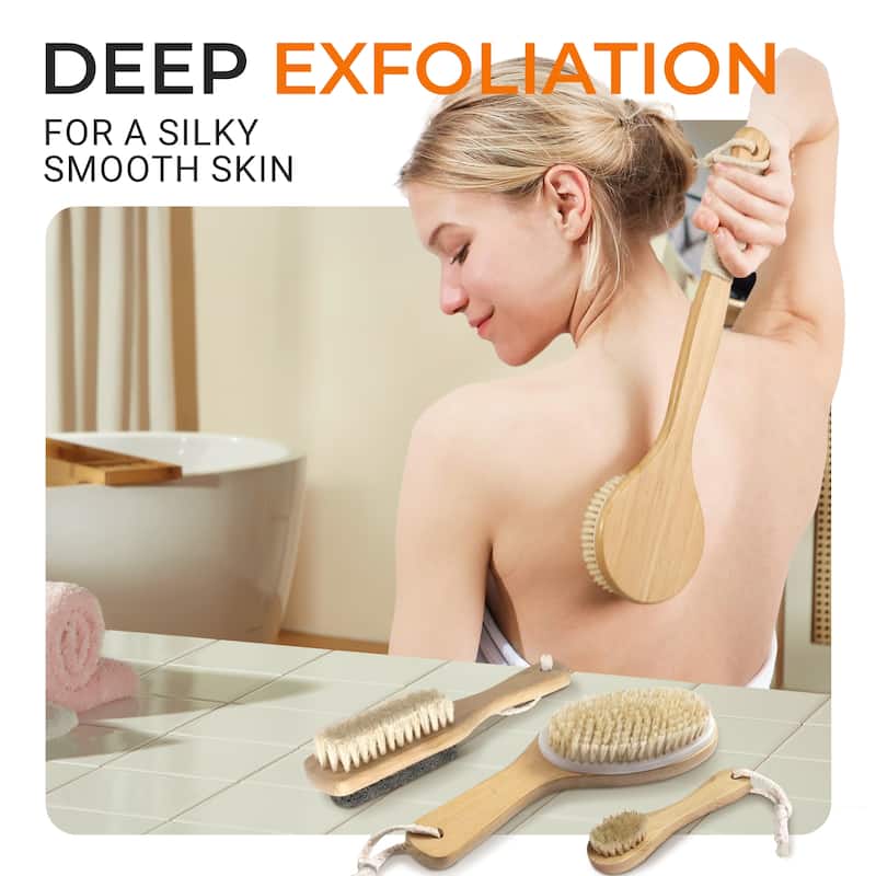 Cheer Collection Set of 4 Shower Body Brushes with Natural Bristles Multiple Sizes for Wet or Dry Use