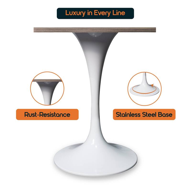 Verve 24 in. Wide Dining Table Square MDF Wood Tabletop in White Stainless Steel Pedestal Base Accent Kitchen Table