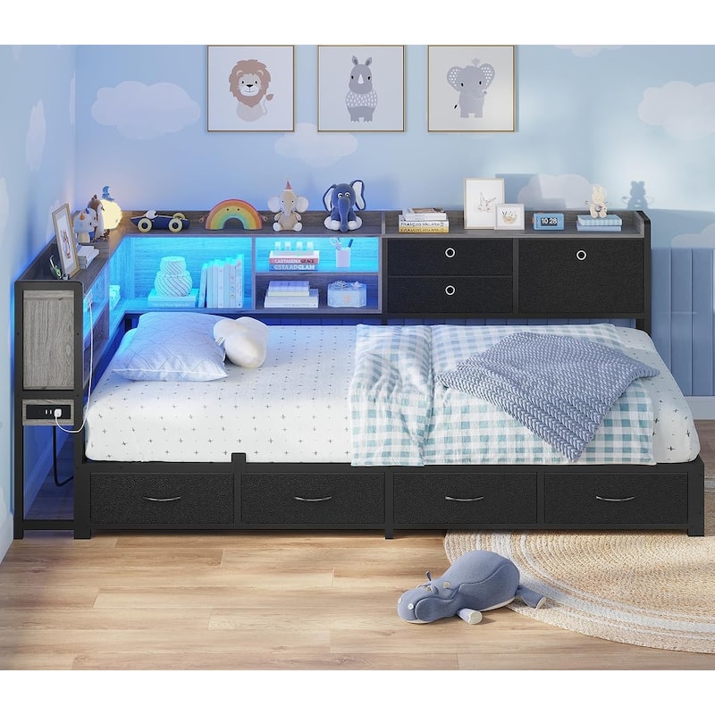Corner Bed Frame Charging Station Twin Daybed 8 Storage Drawers Bookcase - Black