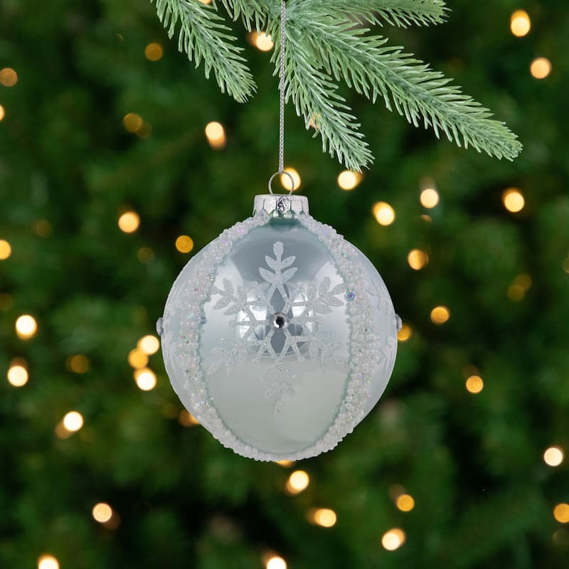 Set of 2 Sky Blue Glittered and Beaded Snowflake Glass Christmas Ball Ornaments 4"