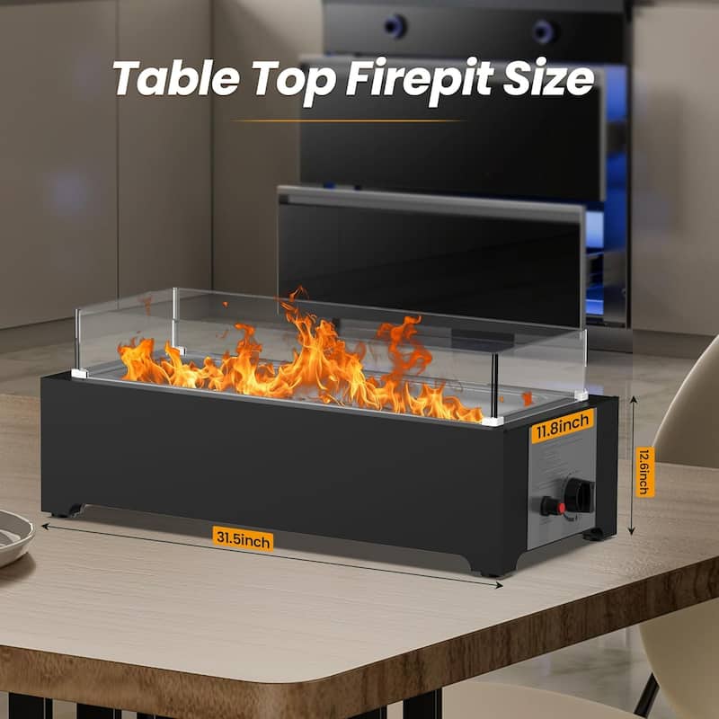 EROMMY 28" Propane Fire Pit Tabletop - 40,000 BTU Stainless Steel, Windshield & Crystal Stones, Indoor/Outdoor Use