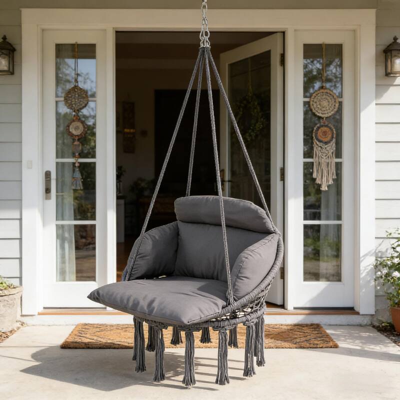 GDFStudio - Maribel Boho-Inspired Hanging Hammock Swing Chair with Plush Cushion Support
