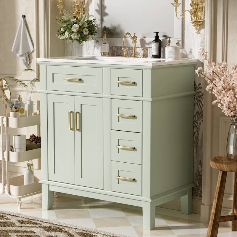 30" Bathroom Vanity with Ceramic Sink, Modern Storage Cabinet with Soft-Close Doors, Deep Drawer & Standard Drawe