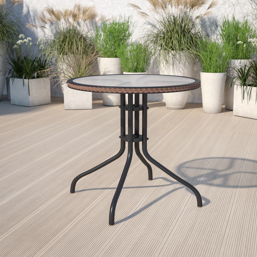 Round Tempered Glass/ Metal 28-inch Table with Rattan Edging - 28.75"D x 28.75"W x 28"H