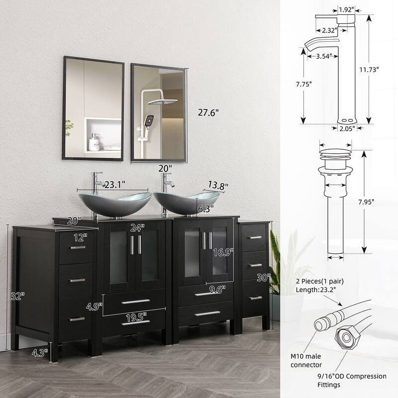 72" Bathroom Vanity Set Vessel Sink Cabinet Mirror Combo