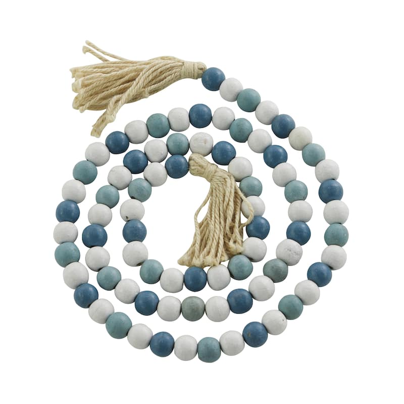 Mango Wood Handmade Round Long Carved Beaded Garland with Tassel - Roche River Decor - Blue, White - 80"L
