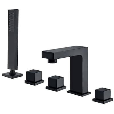 5 Hole Deck Mounted five-piece Bathtub Faucet with Pull-out Handheld Shower Head and Ceramic Valve in Matte Black