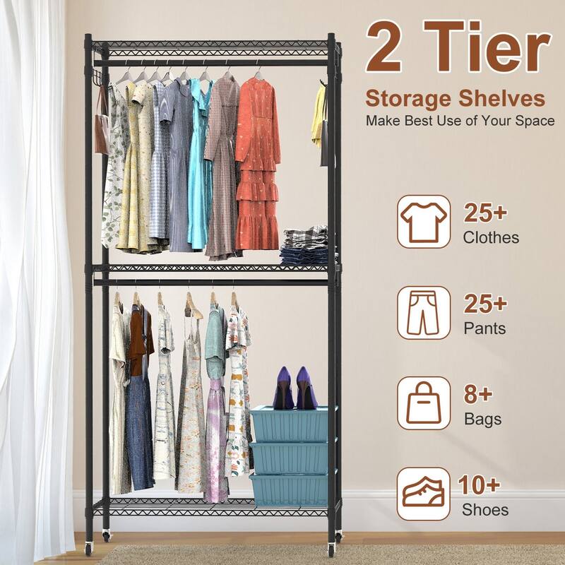 Grey Galvanized Tubes 2-Tier Covered Wardrobe Rack with Wheels and Hooks - 35.43x17.13x72.44in