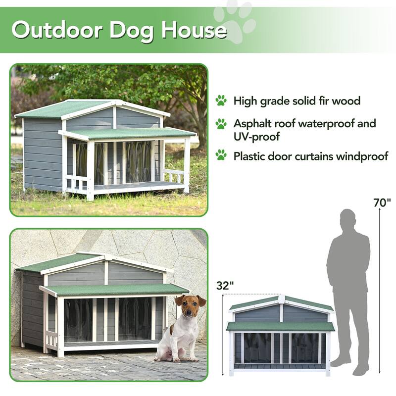 47.2"Large Wooden Dog House Outdoor, Outdoor & Indoor Dog Crate, Cabin Style, With Porch, 2 Doors