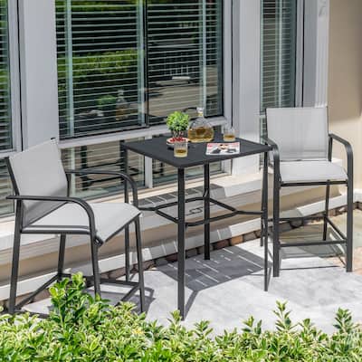 Patio 3-Piece Bar Set with Umbrella Hole, Textilene Bar Stools