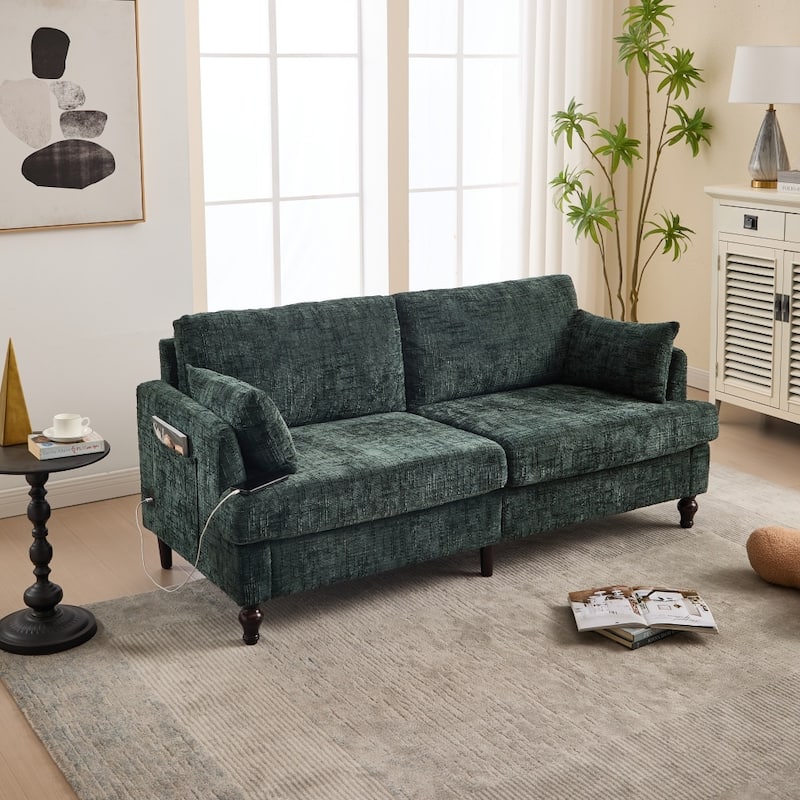 Modern Chenille 2-Seater Wood-Legged Sofa with LED light, USB Charging Port and Storage Bag