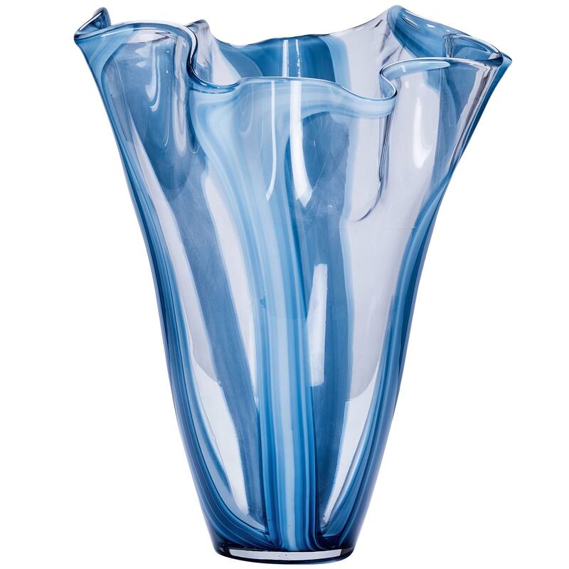 Blue Striped Handblown Glass Set of Two Scalloped Edge Vases