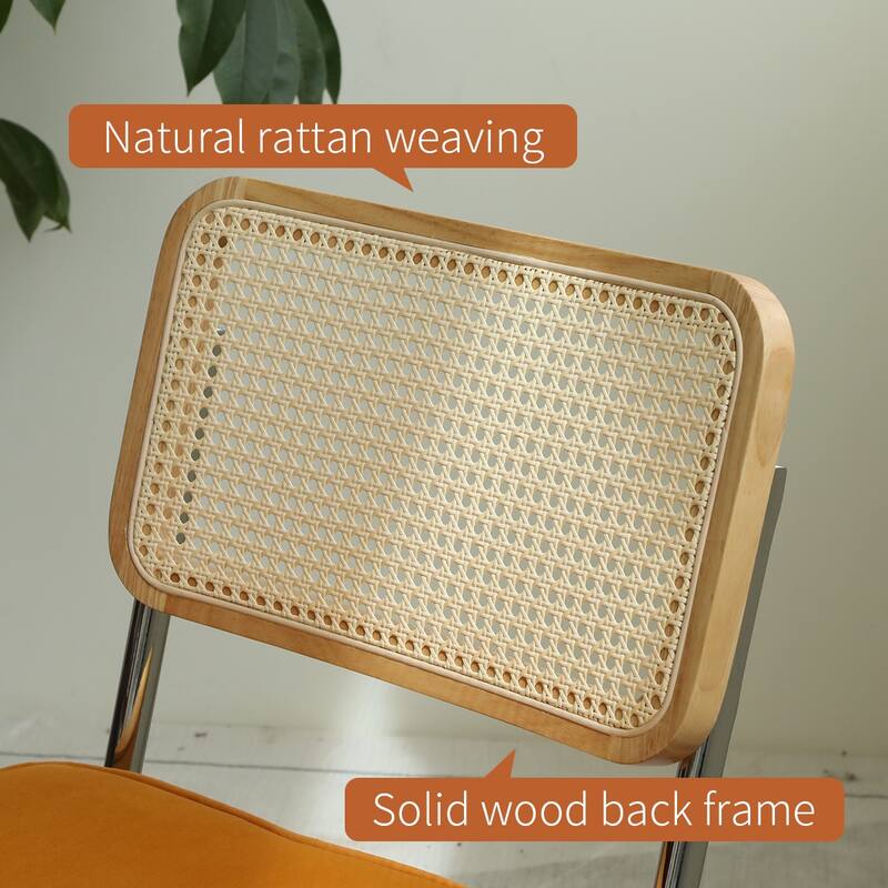 Dining Chairs Set of 2, Velvet Rattan Side Accent Chairs with Chrome Legs, Modern Mid Century Breuer Designed Chairs,