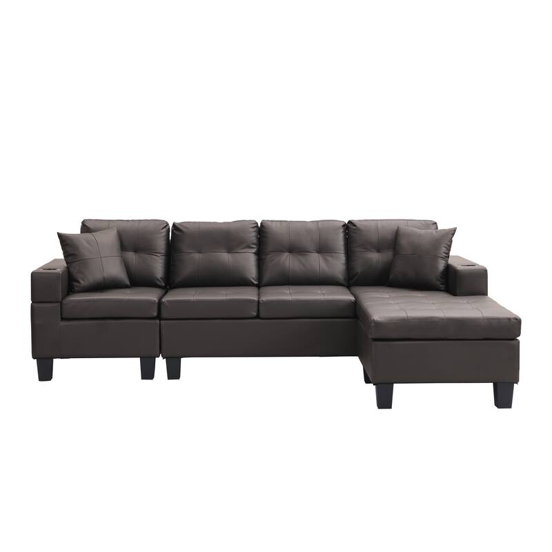 Brown 96.06'' Modern L-Shaped 4 Seater Sectional Sofa with Chaise Lounge, Cup Holders, and Throw Pillows