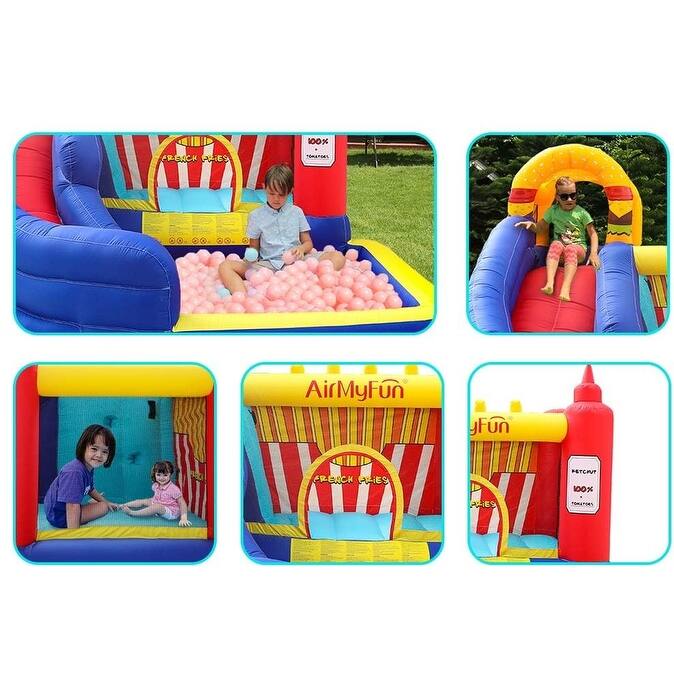 Bounce House with Hamburger Ketchup Shape, Jump & Slide Area with Safety Net, Giant Castle with Ball Pit & Air Blower