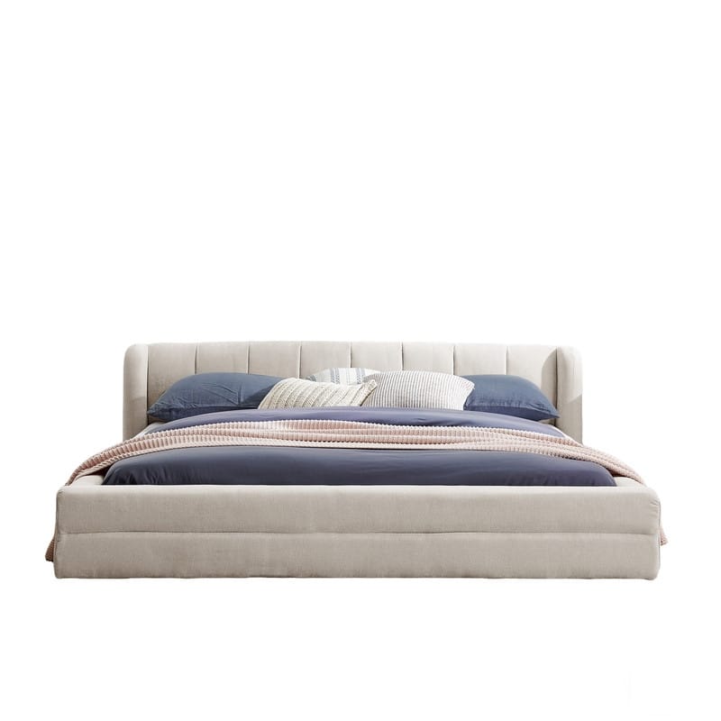 Queen-Sized Chenille Upholstered Bed with Headboard and Solid Frame. - Beige