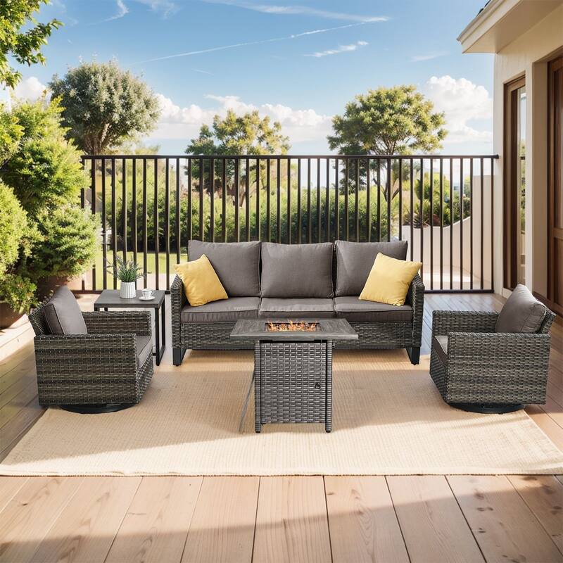 Outdoor Pocassy Sofa Chairs Set with Fire Table - Grey Wicker Grey Cushion - 5 Piece