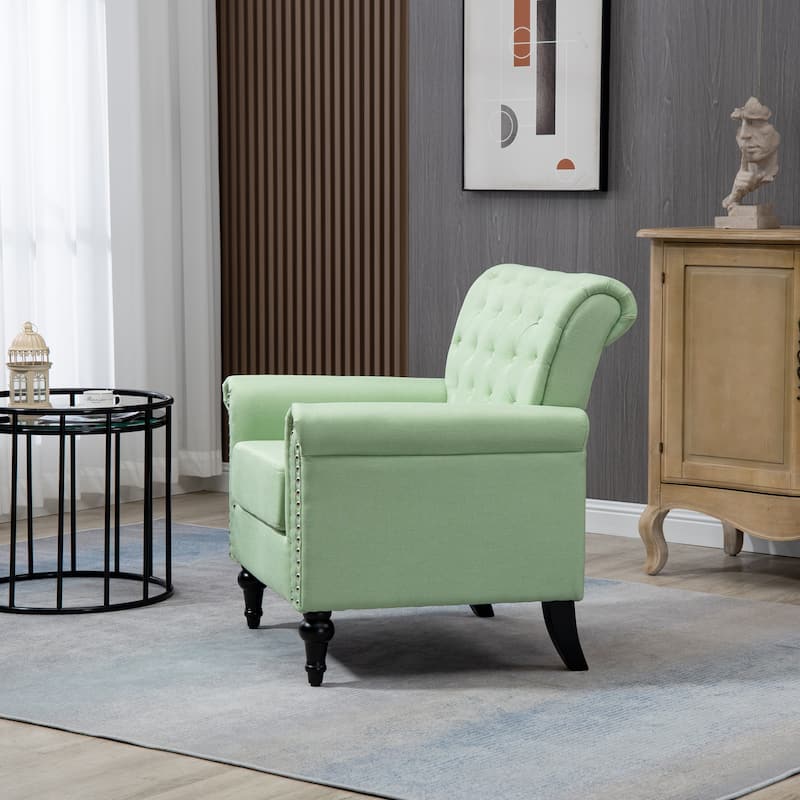 Linen Armchair w/Tufted Back/Wood Legs