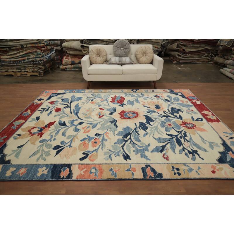 Hand Knotted Oriental 100% Wool Carpet Transitional Floral Beige & Ivories Oushak Area Rug - 9' 11'' X 8' 3''