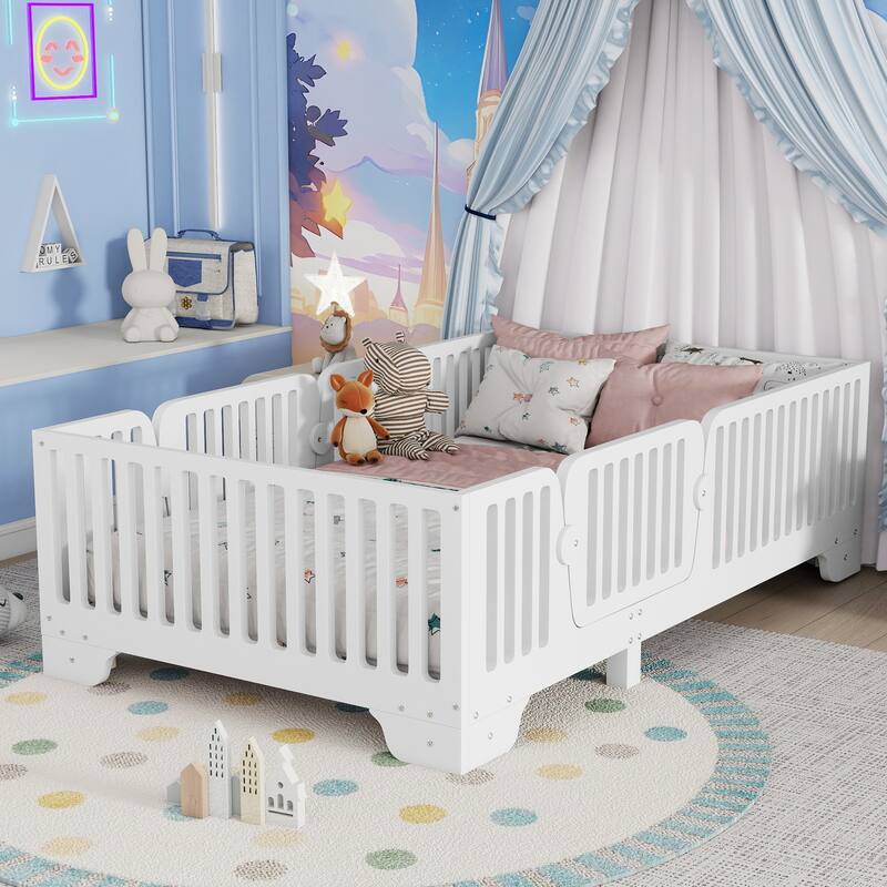 Kids Floor Bed with Safety Fence and Removable Door for Boys Girls