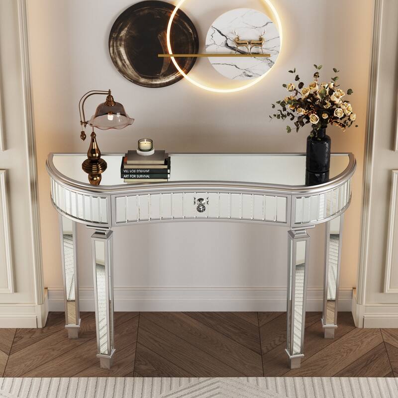 47 inch Half Moon Mirrored Console Table Fluted Glass Crystal Knob Drawer Silver Gold
